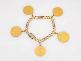 a gold coin bracelet with five coins on a chain