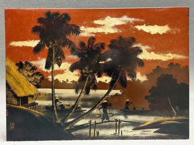 VIETNAM milieu XX° Panneau en laque à décor de pêcheurs.