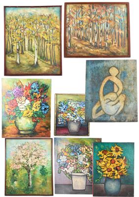 tableau faisant partie d'une série représentant une femme avec un vase de fleurs