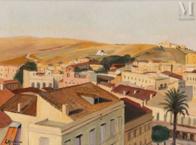 painting of a view of a town with a mountain in the background