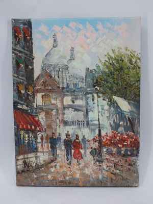 une peinture à l'huile représentant une scène de rue avec une église à l'arrière-plan