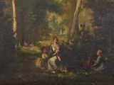 a painting of a group of people in the woods