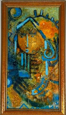 une peinture à l'huile représentant un homme portant un chapeau et un oiseau sur la tête