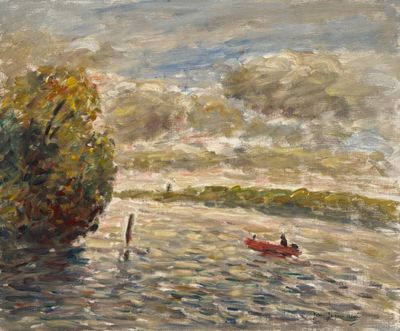 un tableau représentant une personne dans un bateau sur l'eau