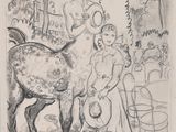 drawing of a woman with a horse and a child in a garden