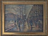 tableau représentant une scène de rue en ville avec des passants marchant sur le trottoir