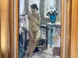 une peinture à l'huile représentant une femme assise sur une chaise devant un vase