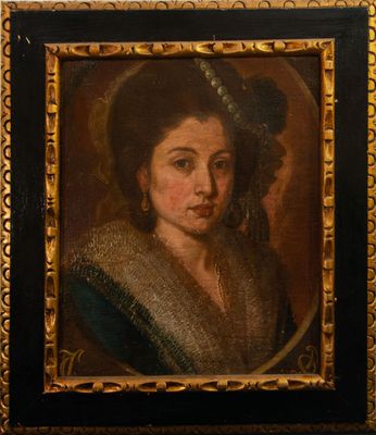 an oil painting of a woman wearing a hat and a blue dress