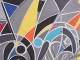 painting of abstract shapes on a gray background with a wooden frame
