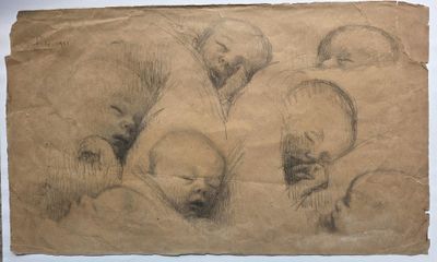 dessin représentant un groupe de têtes sur un morceau de papier brun