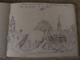 drawing of a church with a steeple and a steeple on the top of it