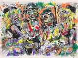 a painting of a group of people sitting on top of a table