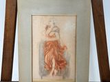 tableau représentant une femme en robe rouge assise sur un chevalet en bois
