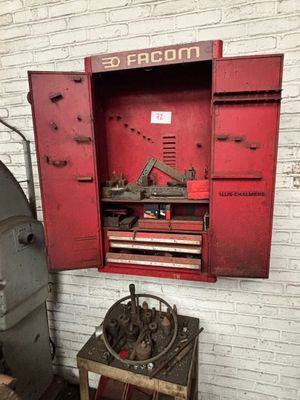 une armoire rouge contenant des outils, dans une pièce