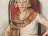 tableau représentant une femme assise sur une chaise rouge, un livre sur les genoux