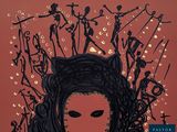 an illustration of a woman with a cat head surrounded by other people