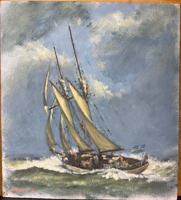 une peinture à l'huile représentant un voilier sur une mer agitée par temps nuageux