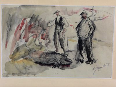 dessin représentant deux hommes debout à côté d'un poisson mort sur une plage