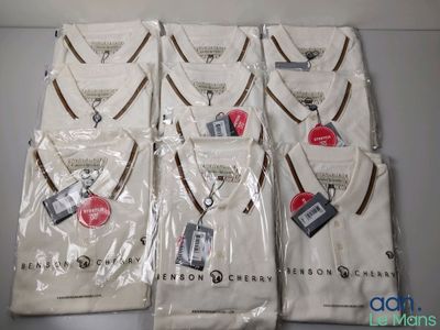 six men ' s white polo shirts with brown trimmings on them