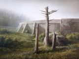 a painting of a bear in a field with a bridge in the background
