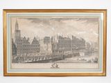 an old drawing of a view of a city with a clock tower in the background
