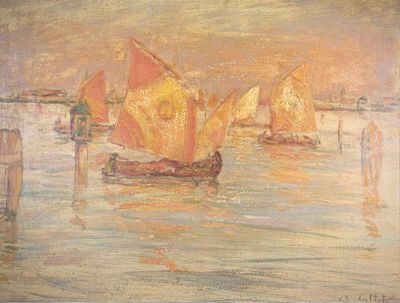 painting of boats in the water with a bridge in the background