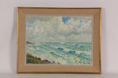 tableau représentant une vue sur l'océan avec un phare au loin