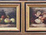 two paintings of fruit on a table with a chair in the background