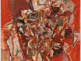 une peinture abstraite représentant une pile de feuilles sur un fond rouge