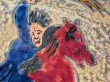 a painting of a man riding a horse on the ground