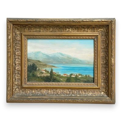 a painting of a landscape with a lake and mountains in the background