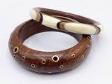 wooden bangle bracelets with bone inlays, set of 2