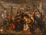 an image of a painting of a group of people with a dog