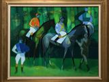 a painting of a group of people riding horses