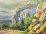 a painting of a mountain scene with rocks and trees