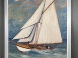 tableau représentant un voilier en pleine mer, avec une mouette en arrière-plan