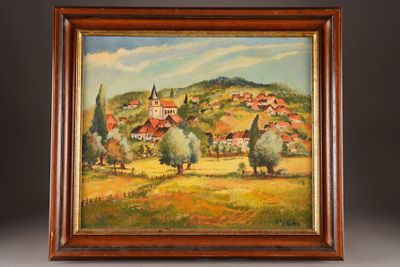 an oil painting of a village on a hill with trees in the foreground