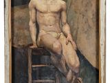 painting of a man sitting on a chair in front of a wall