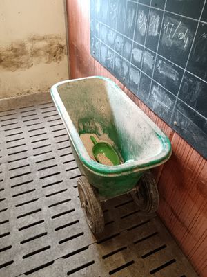 a green wheelbarrow in front of a blackboard with writing on it