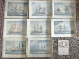 six gravures anciennes représentant des navires, exposées sur un tapis