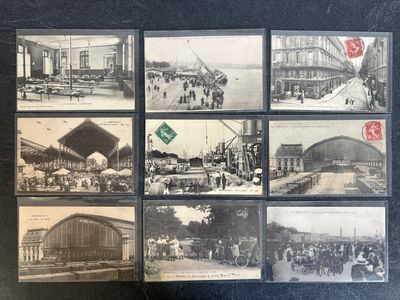 several old black and white photos of a train station and people