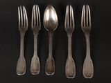 six forks and spoons are arranged in a row on a black surface