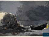 une peinture représentant un bateau sur l'eau, avec un rocher en arrière-plan