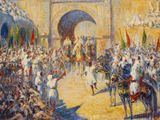 painting of a large crowd of people riding horses in front of a building