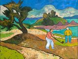 tableau représentant un homme et une femme jouant au golf par une journée ensoleillée