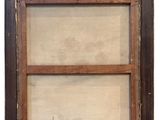 an old picture of a window with a brown frame and a white background