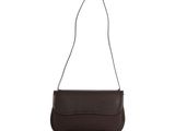 a brown handbag with a long strap on a white background