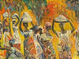 une peinture à l'huile représentant un groupe de personnes debout dans un champ