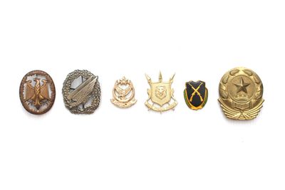 un ensemble de cinq insignes militaires sur fond blanc