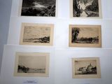 four black and white pictures of a landscape with a church in the distance